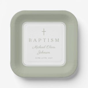 Modern Sage Green Religious Cross Boy Baptism Paper Plate