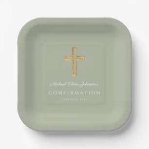 Modern Sage Green Religious Cross Boy Confirmation Paper Plate