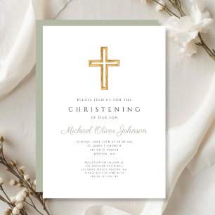 Modern Sage Green Religious Cross Christening Invitation