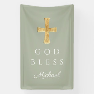 Modern Sage Green Religious Cross God Bless Banner