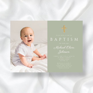 Modern Sage Green Religious Cross Photo Baptism Invitation