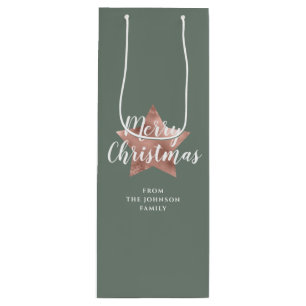 Modern Sage Green Rose Gold Star Christmas  Wine Gift Bag