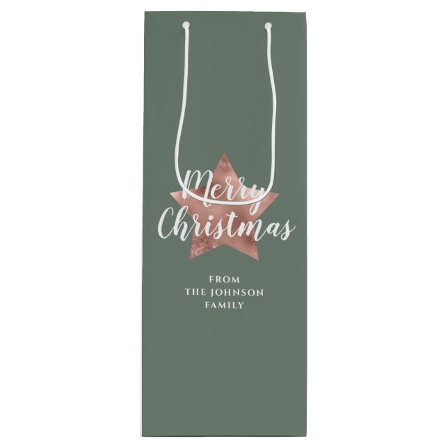 Modern Sage Green Rose Gold Star Christmas  Wine Gift Bag (Front)