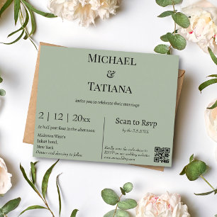 modern sage green rsvp qr code wedding invitation 