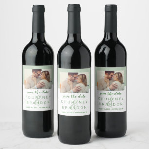 Modern Sage Green Save the Date Photo Wine Label