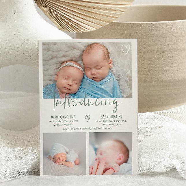 Modern sage green script 3 photo baby twins birth announcement (Creator Uploaded)