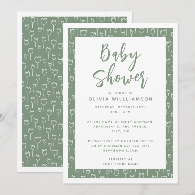 Modern Sage Green Script Baby Shower Invitation (Front/Back)