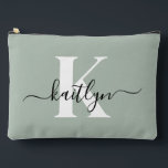 Modern Sage Green Script Monogram Accessory Pouch<br><div class="desc">This simple, elegant sage green large accessory pouch with your first name in a trendy script font in black and your first initial in a modern cap font in white is perfect for you. It's stylish and trendy and yet very classic. It will be fabulous for school, the gym, work,...</div>