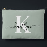 Modern Sage Green Script Monogram Accessory Pouch<br><div class="desc">This simple, elegant sage green large accessory pouch with your first name in a trendy script font in black and your first initial in a modern cap font in white is perfect for you. It's stylish and trendy and yet very classic. It will be fabulous for school, the gym, work,...</div>