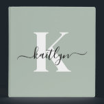 Modern Sage Green Script Monogram Binder<br><div class="desc">This simple, elegant sage green 2" capacity 3 ring binder with your first name in a trendy script font in black and your first initial in a modern cap font in white is perfect for keeping your recipes, photos, papers neat and tidy. It's stylish and trendy and yet very classic....</div>
