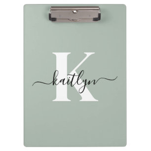 Modern Sage Green Script Monogram Clipboard