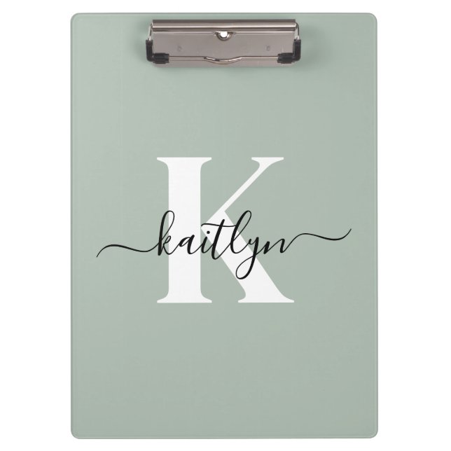 Modern Sage Green Script Monogram Clipboard (Front)