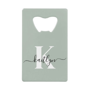 Modern Sage Green Script Monogram Credit Card Bottle Opener