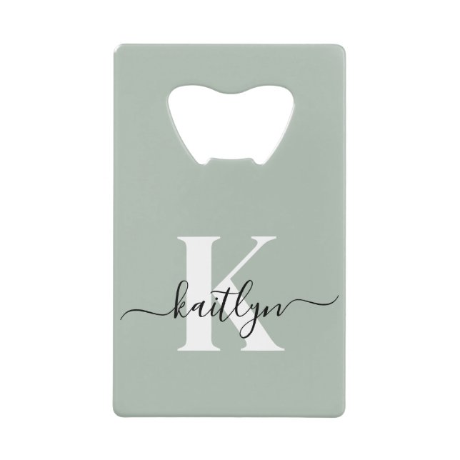 Modern Sage Green Script Monogram Credit Card Bottle Opener (Front)