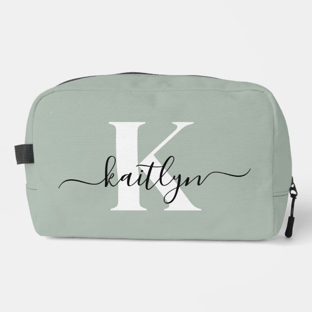 Modern Sage Green Script Monogram Dopp Kit (Front)