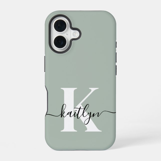 Modern Sage Green Script Monogram iPhone 16 Case (Back)