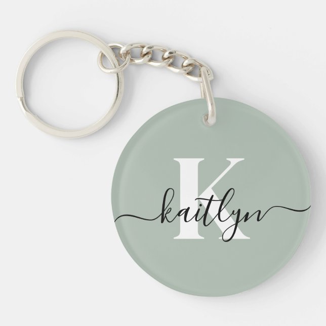 Modern Sage Green Script Monogram Keychain (Front)