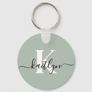 Modern Sage Green Script Monogram Keychain