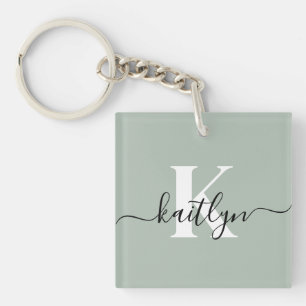 Modern Sage Green Script Monogram Keychain