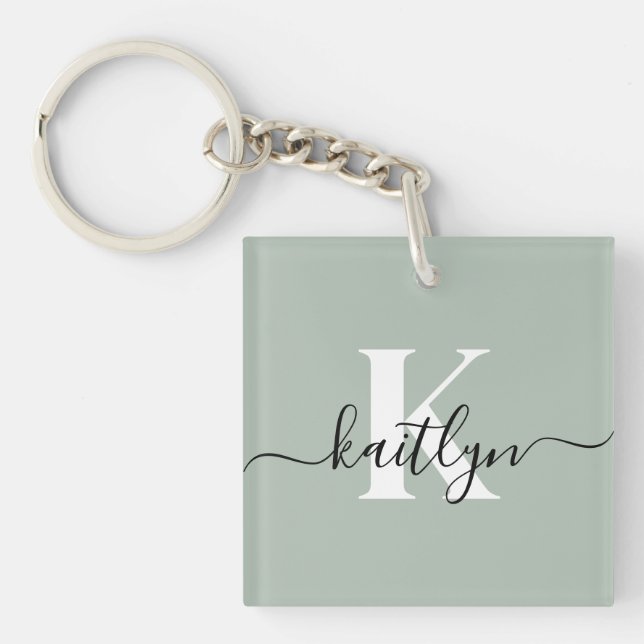 Modern Sage Green Script Monogram Keychain (Front)