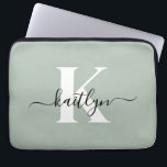Modern Sage Green Script Monogram Laptop Sleeve<br><div class="desc">This simple,  elegant sage green 13" laptop sleeve with your first name in a trendy script font in black and your first initial in a modern cap font in white is perfect for you.  It's stylish and trendy and yet very classic. It's unique - like you!</div>