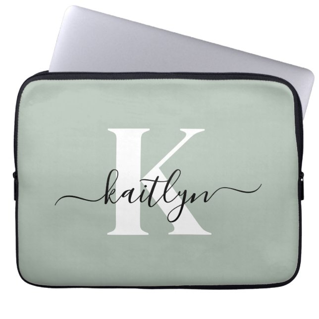Modern Sage Green Script Monogram Laptop Sleeve (Front)