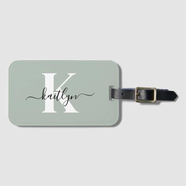 Modern Sage Green Script Monogram Luggage Tag (Front Horizontal)