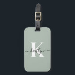 Modern Sage Green Script Monogram Luggage Tag<br><div class="desc">This simple, elegant sage green luggage tag with your first name in a trendy script font in black and your first initial in a modern cap font in white on one side and a slide in card for your name, address and phone number on the other would look fabulous on...</div>