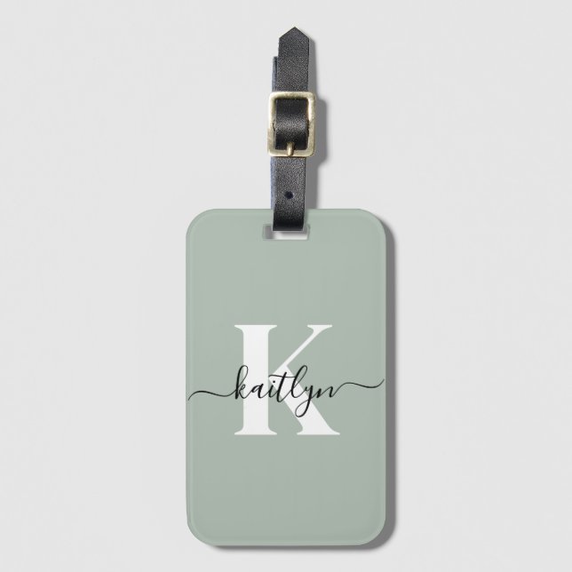 Modern Sage Green Script Monogram Luggage Tag (Front Vertical)
