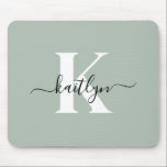 Modern Sage Green Script Monogram Mouse Pad<br><div class="desc">This simple, elegant sage green mousepad with your first name in a trendy script font in black and your first initial in a modern cap font in white is perfect for your office/desk. It's stylish and trendy and yet very classic.</div>