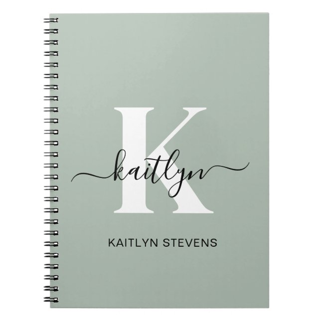 Modern Sage Green Script Monogram Notebook (Front)