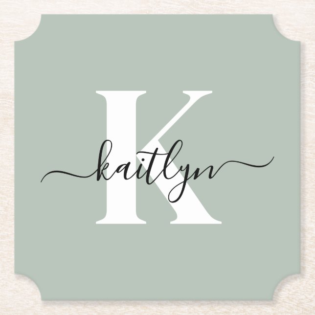 Modern Sage Green Script Monogram Paper Coaster (Front)