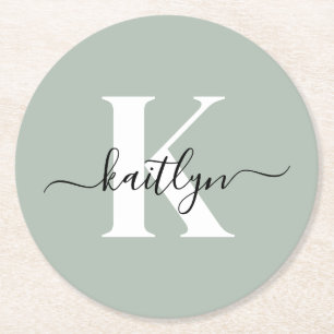 Modern Sage Green Script Monogram Round Paper Coaster