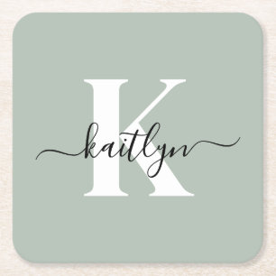 Modern Sage Green Script Monogram Square Paper Coaster