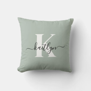 Modern Sage Green Script Monogram Throw Pillow