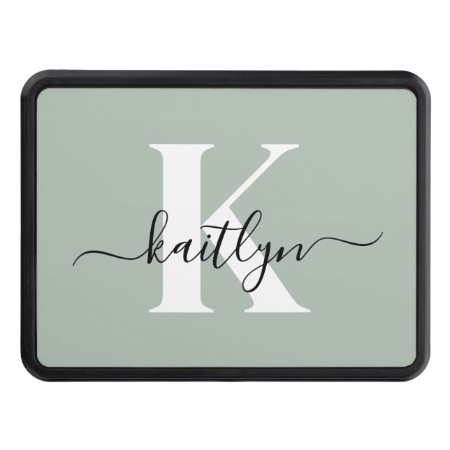 Modern Sage Green Script Monogram Trailer Hitch Cover (Front)