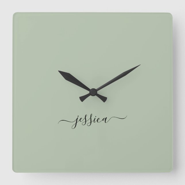 Modern sage green script name large clock (Front)