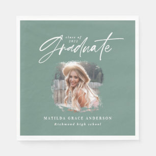 Modern sage green script photo elegant graduation napkin