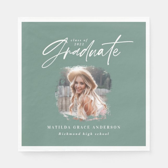 Modern sage green script photo elegant graduation napkin (Front)