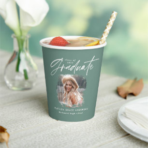 Modern sage green script photo elegant graduation paper cups