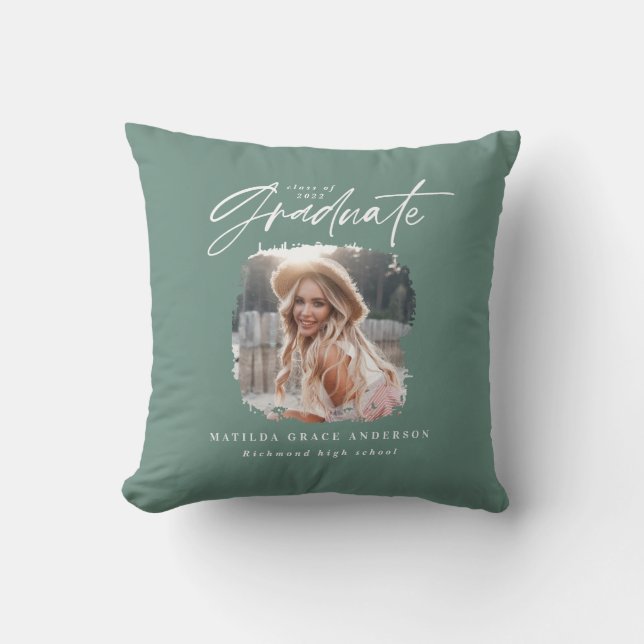 Modern sage green script photo elegant graduation throw pillow (Front)