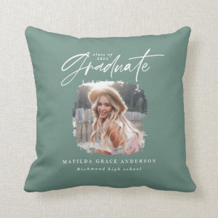 Modern sage green script photo elegant graduation throw pillow