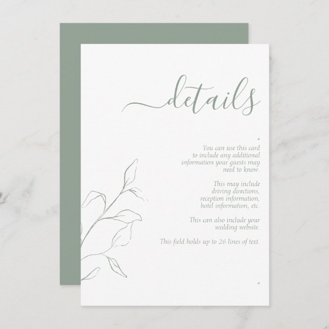 Modern Sage Green Script Wedding Details Enclosure (Front/Back)