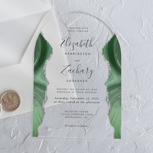 Modern Sage Green Silver Agate Wedding Arch Acrylic Invitations (Creator Uploaded)