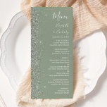 Modern Sage Green Silver Glitter Edge Wedding Menu<br><div class="desc">The left-hand edge of this elegant modern wedding menu features a silver faux glitter design. The customizable text combines white handwriting,  copperplate and italic fonts on a sage green background. The reverse side features a matching sage green and silver glitter design.</div>