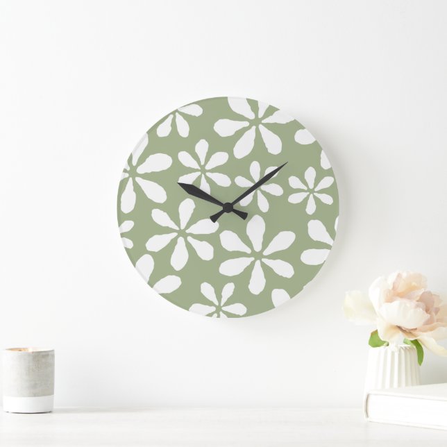 Modern Sage Green Simple Floral Pattern Wall Clock (Home)