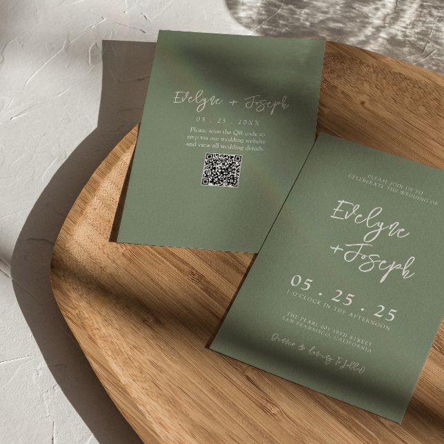 Modern Sage Green Spring Boho QR Code Wedding Invitation (Creator Uploaded)