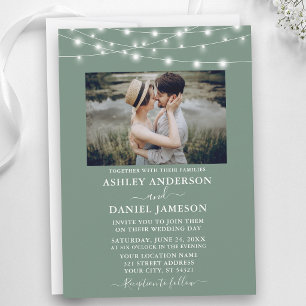 Modern Sage Green String Lights Photo Wedding Invitation