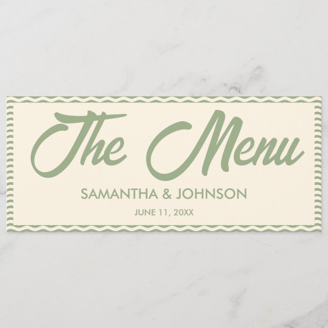 Modern Sage Green Stripe Wedding Dinner Menu Card (Devant)