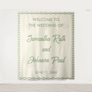 Modern Sage Green Stripe Wedding Welcome Backdrop Tapestry